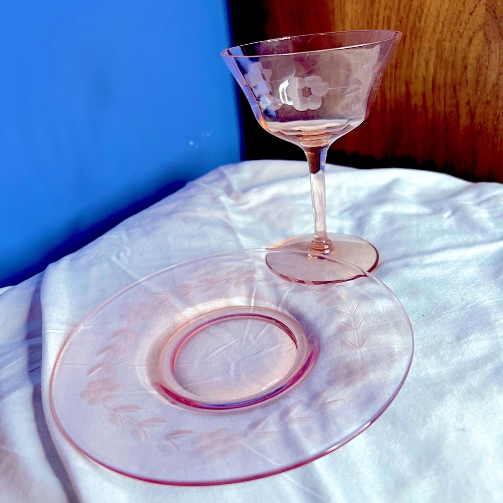 Pink Depression Optic wine glass snack plate etched floral design set